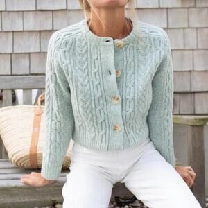 Marea Classic Cable-Knit Button Front Crew Neck Cardigan Sweater Mint Green M